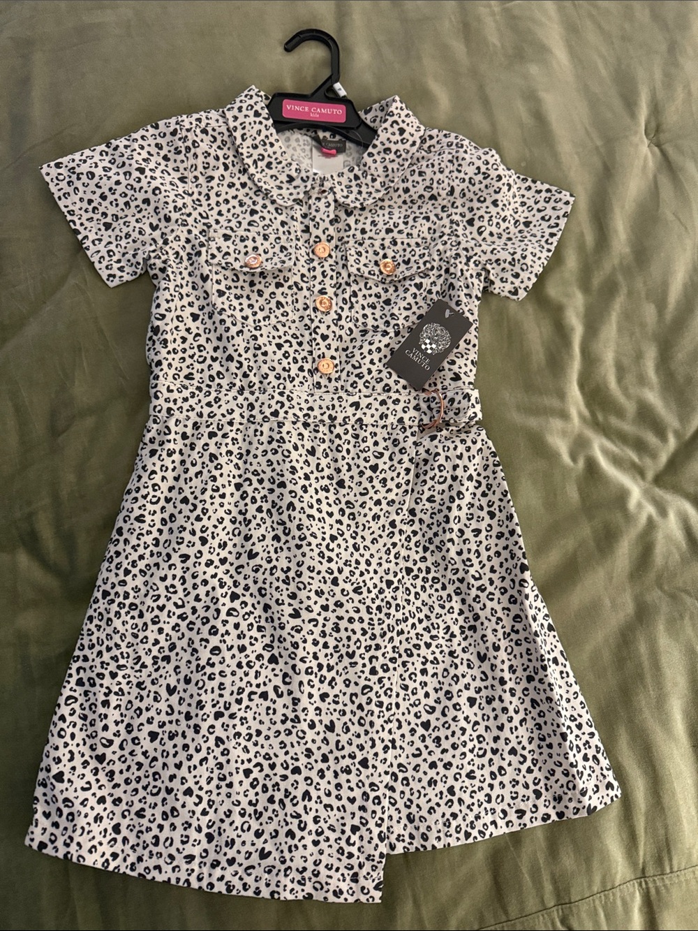 Vince Camuto Kids White and Black Leopard Print Short Sleeve Dress